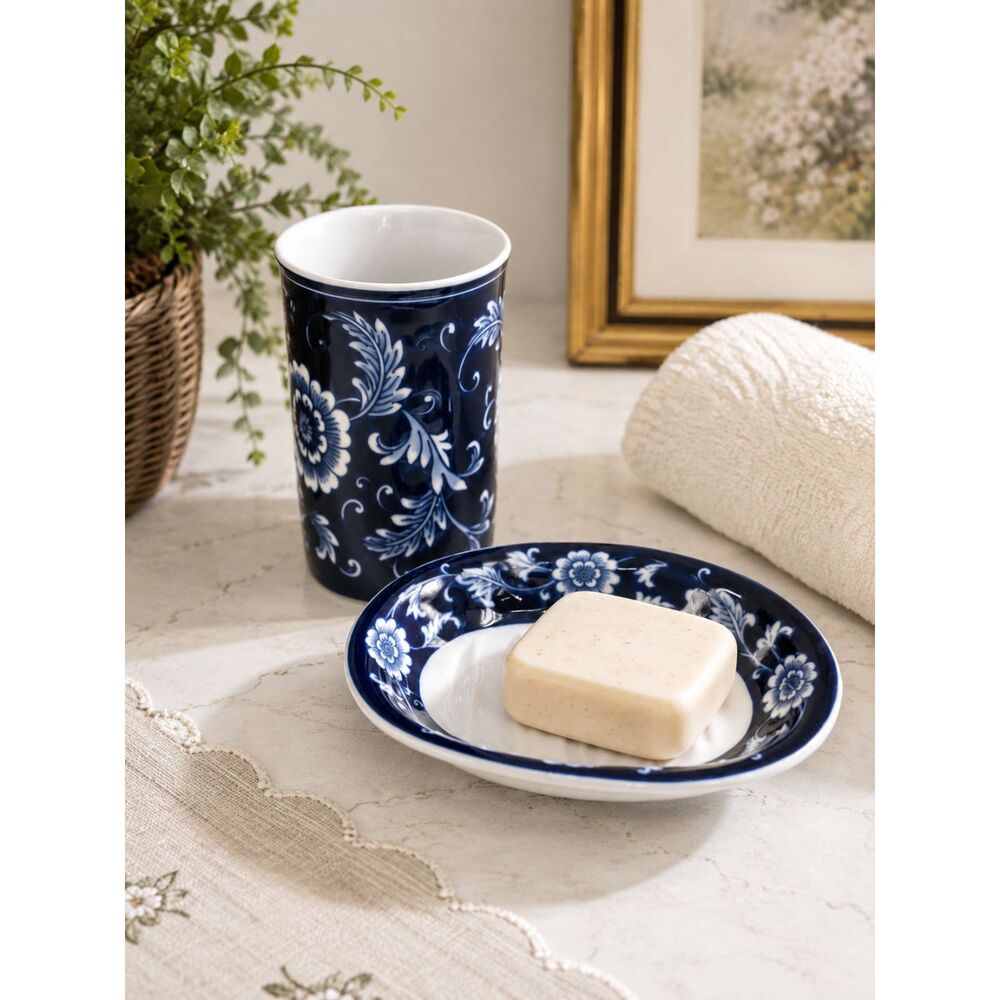 Blue & White Floral Bathroom Set Soap Dish & Tumbler Cup Vintage Bath Decor